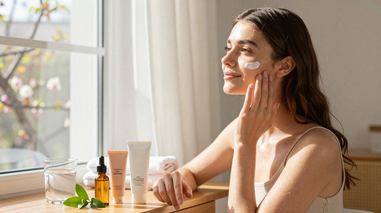 Mulher aplicando creme no rosto sentada perto de janela com produtos de cuidados da pele sobre a mesa.