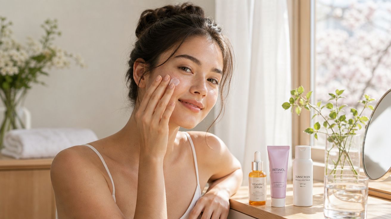 Mulher aplicando creme facial, com frascos de sérum, retinol e protetor solar perto de espelho.
