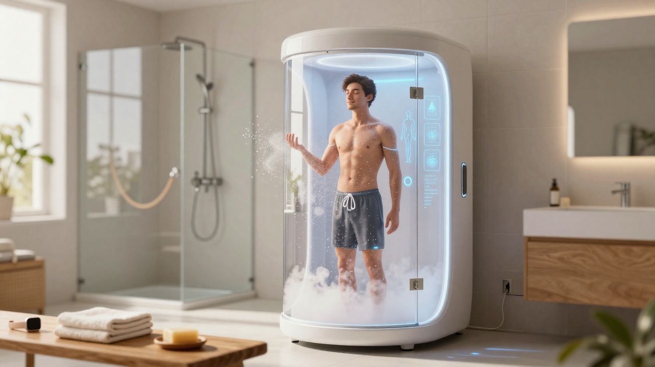 Homem em cabine futurística tomando banho com vapor em banheiro moderno e iluminado.