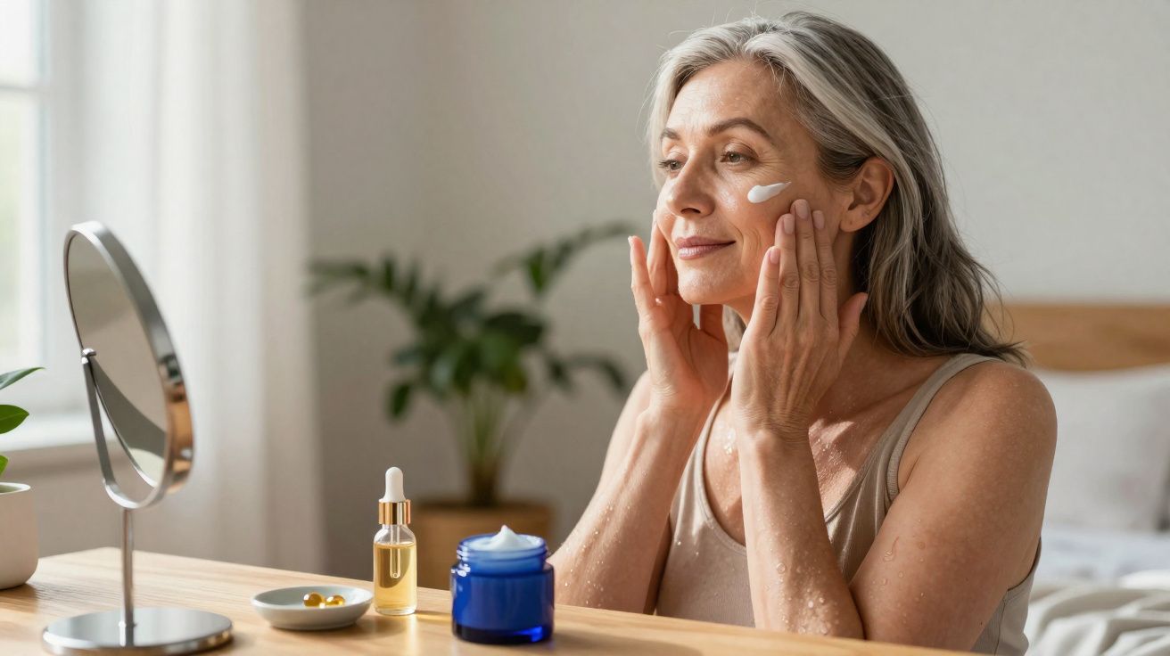 Mulher madura aplicando creme facial sentada à mesa com espelho e produtos de cuidados com a pele.