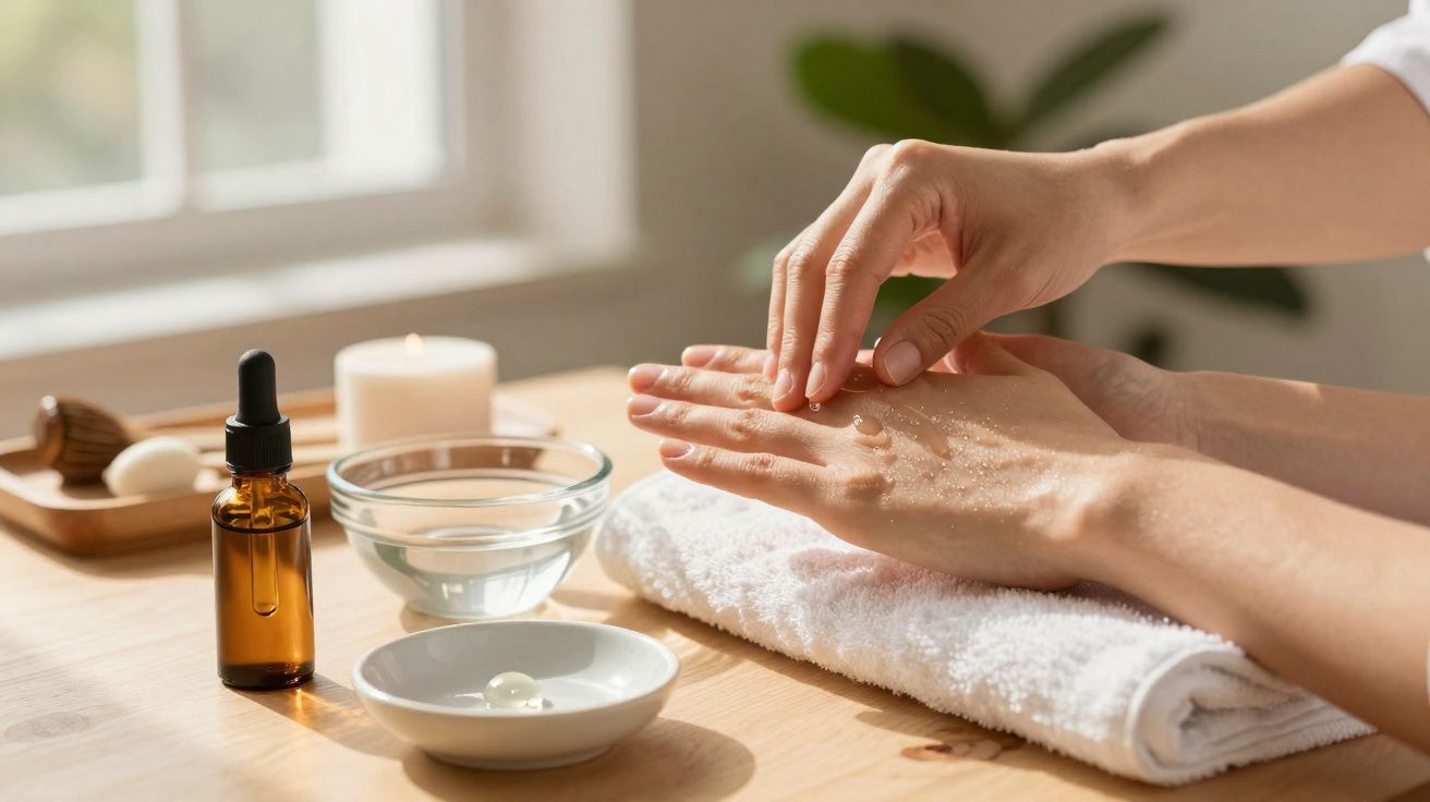 Pessoa aplicando creme hidratante nas mãos com toalha branca e produtos de spa sobre mesa de madeira.