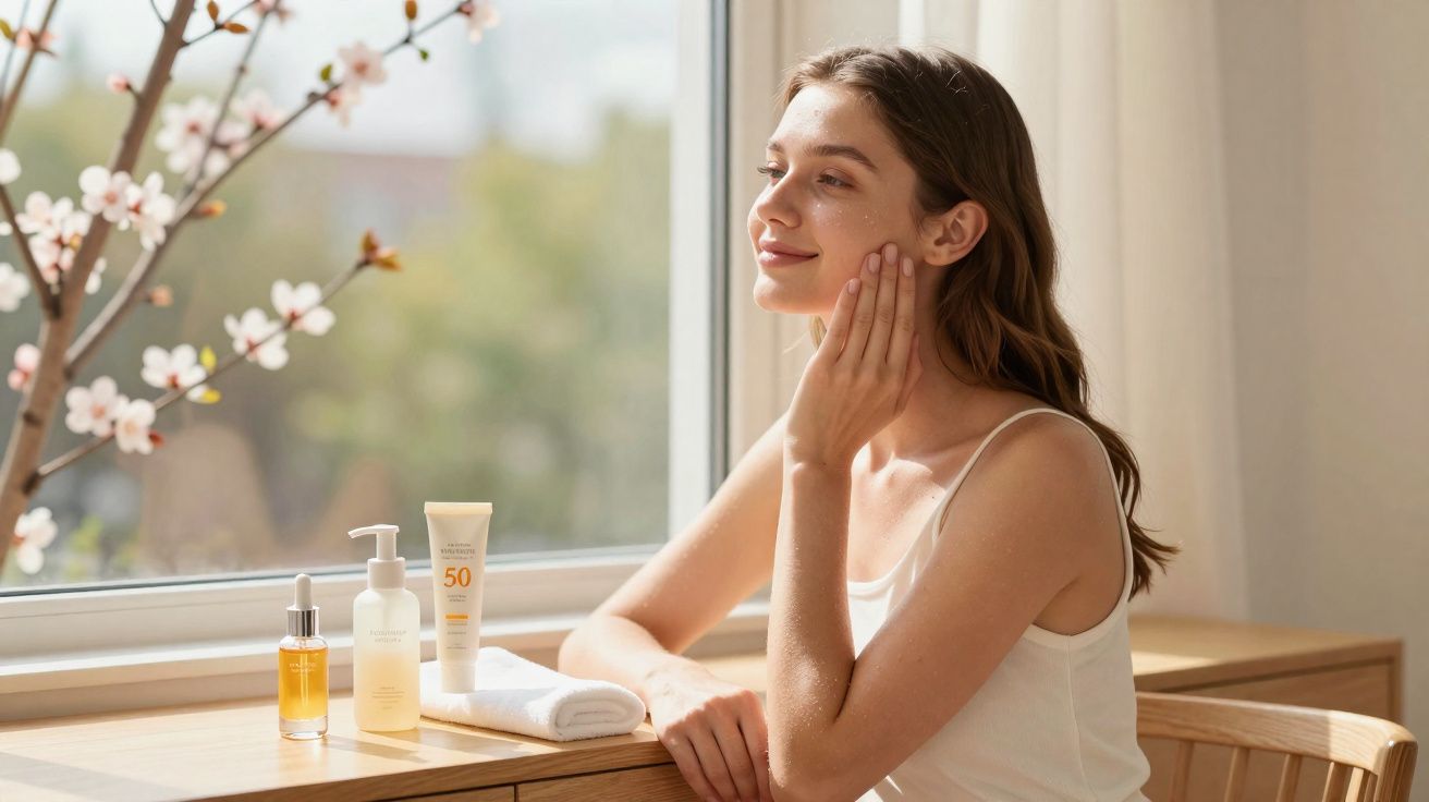 Mulher aplicando creme facial, sentada em frente à janela com produtos de skincare sobre a mesa.