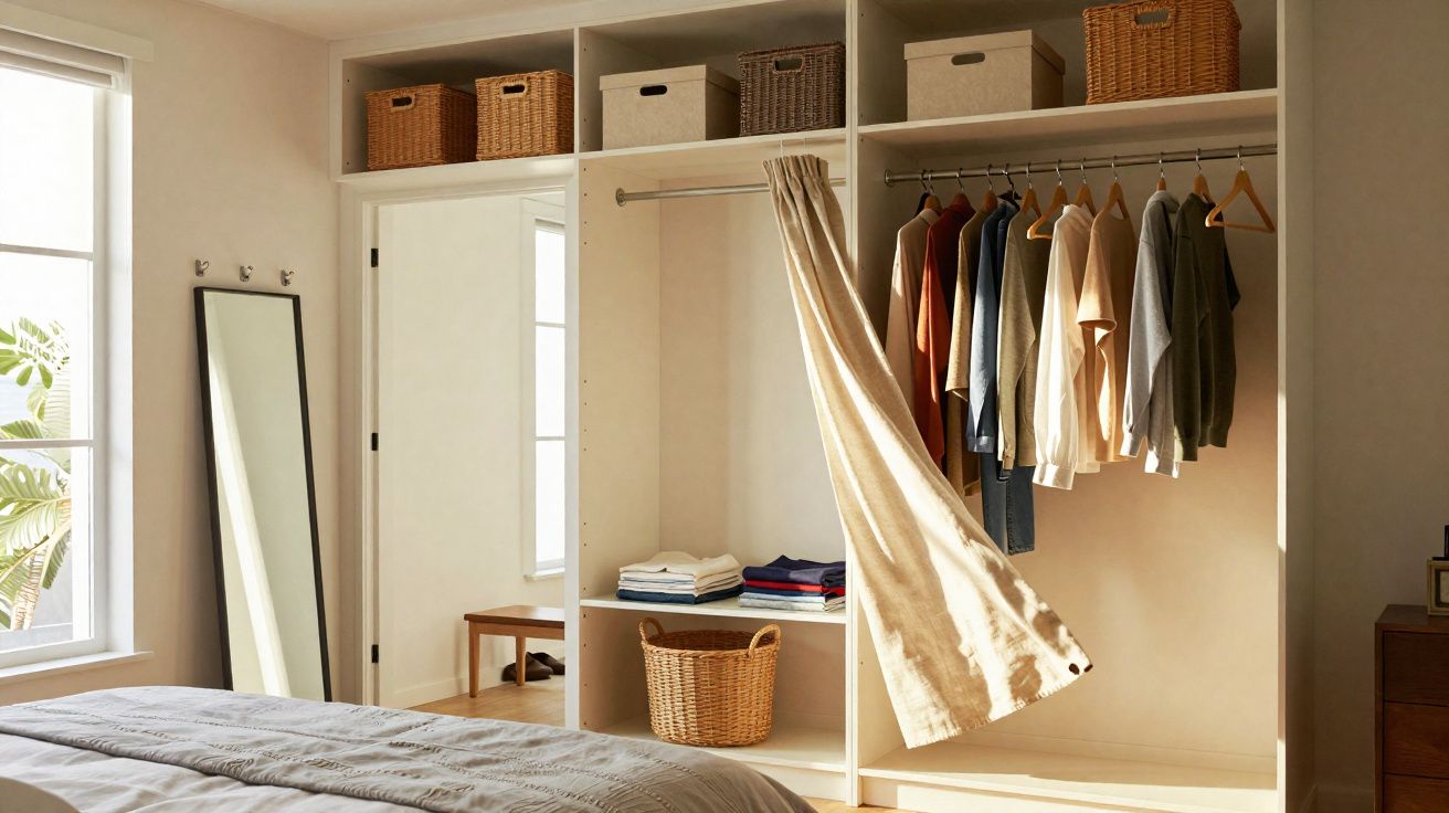 Quarto com armário aberto, roupas penduradas, cestos organizadores e espelho ao lado da janela iluminada.