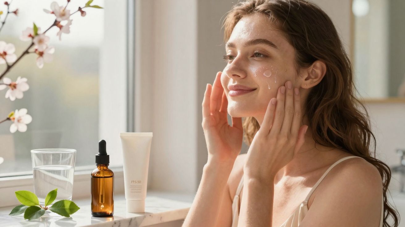 Mulher aplicando sérum facial ao lado de frascos de cosméticos em janela iluminada pela manhã.