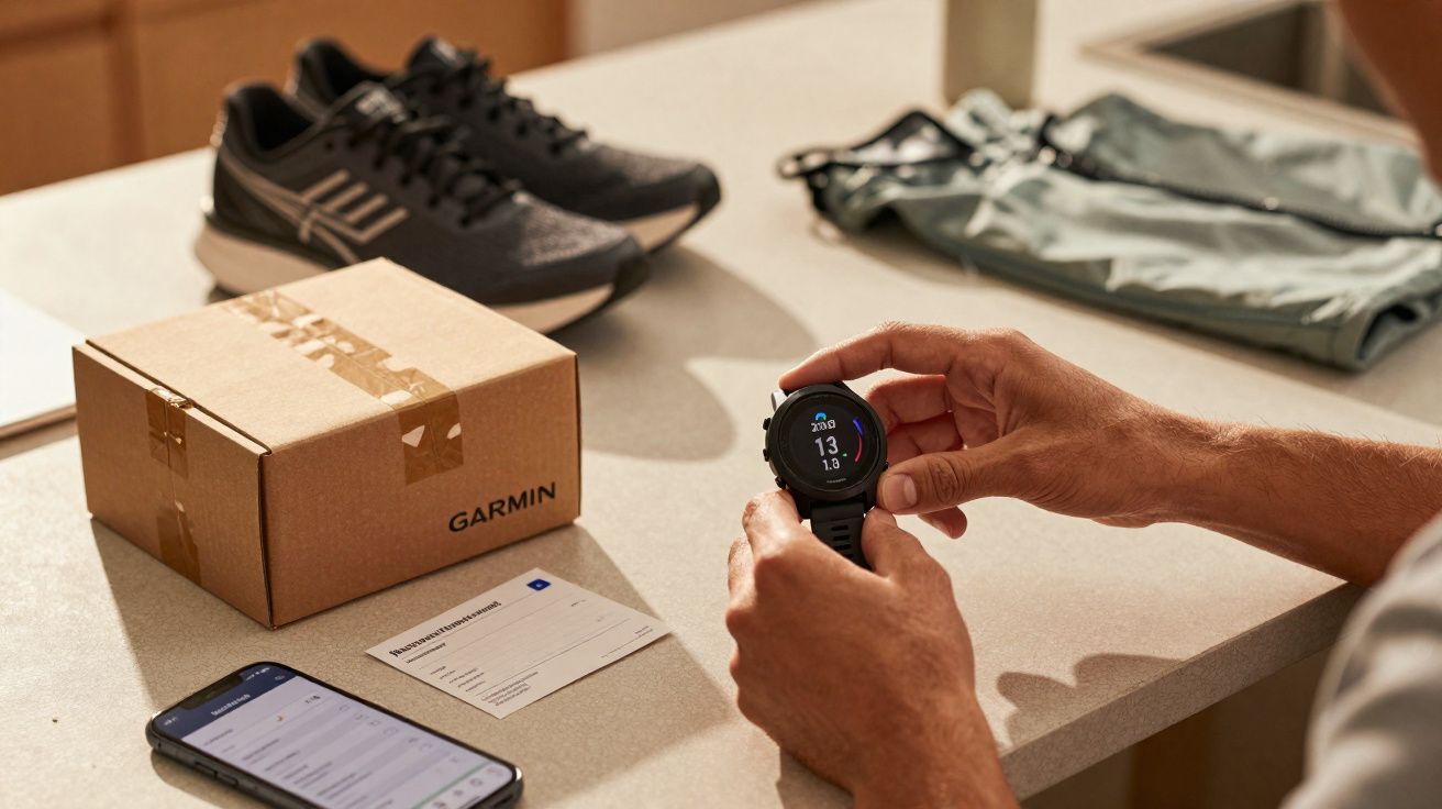 Pessoa segurando relógio Garmin esportivo com tênis, caixa, celular e roupa em mesa.