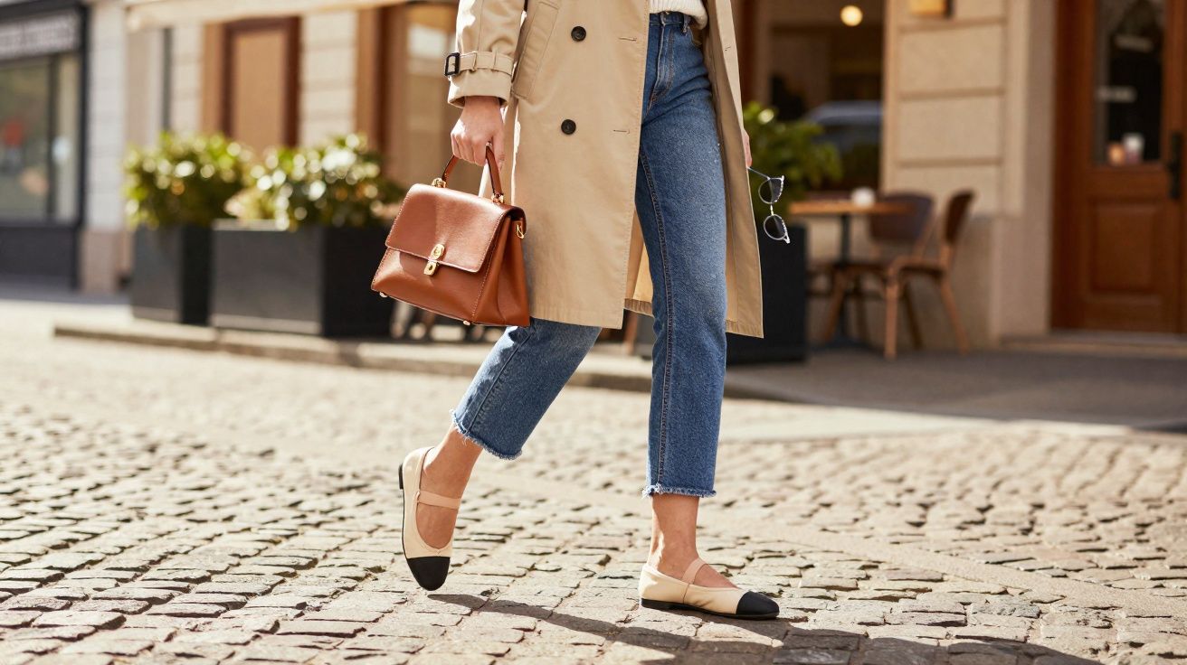 Pessoa caminhando em rua de pedras com calça jeans, casaco bege e bolsa marrom na mão.