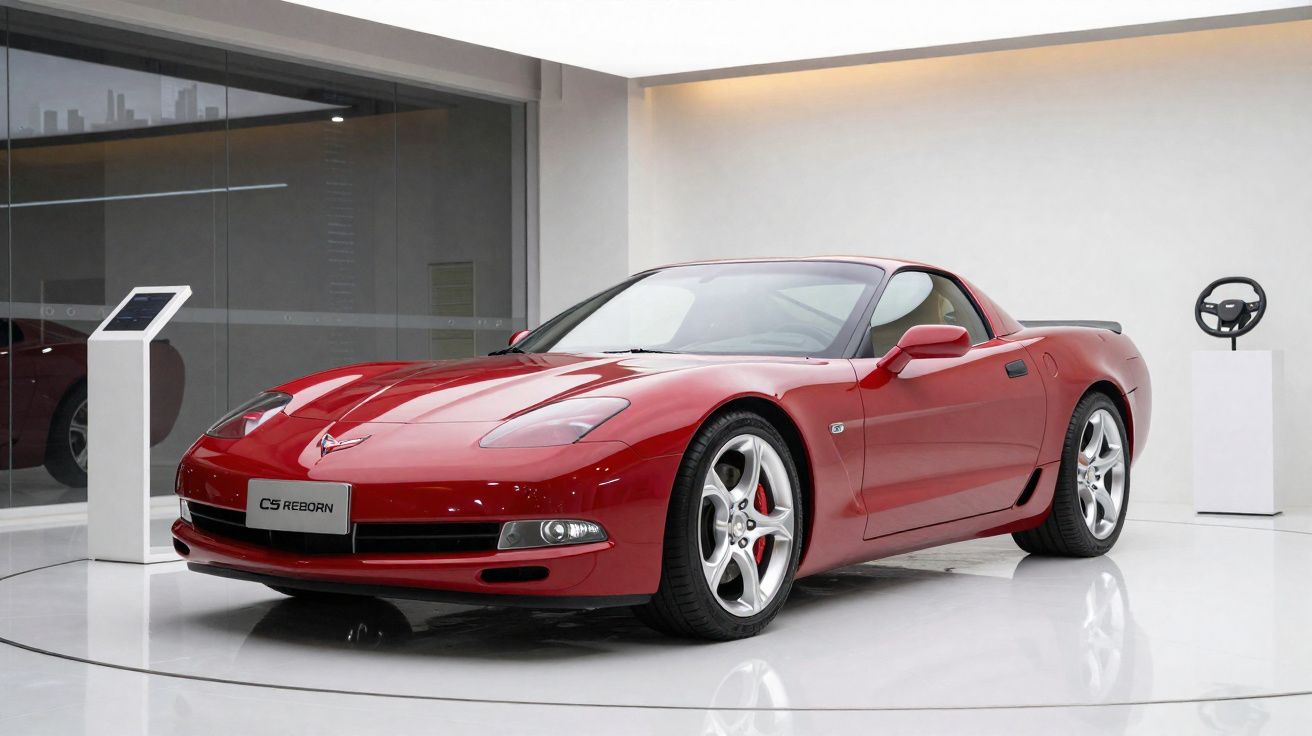 Carro esportivo vermelho brilhante em exposição interna com volante ao fundo.