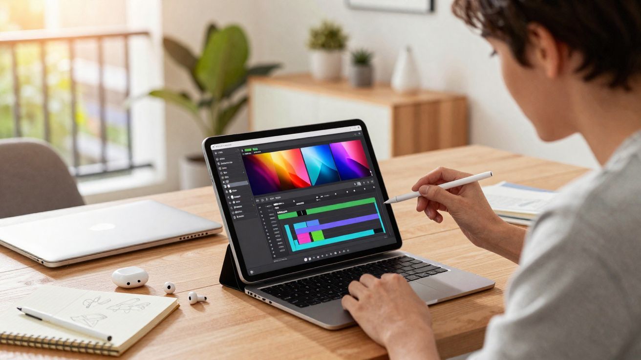Pessoa editando vídeo em laptop com mesa organizada e luz natural ao fundo em ambiente interno.