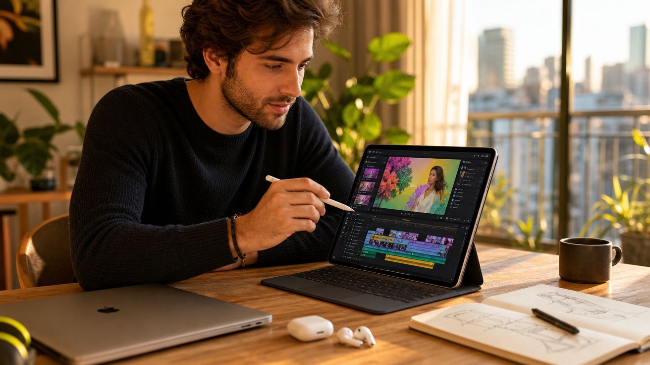 Homem editando vídeo em tablet com caneta digital em mesa com laptop, fones, caderno e xícara.