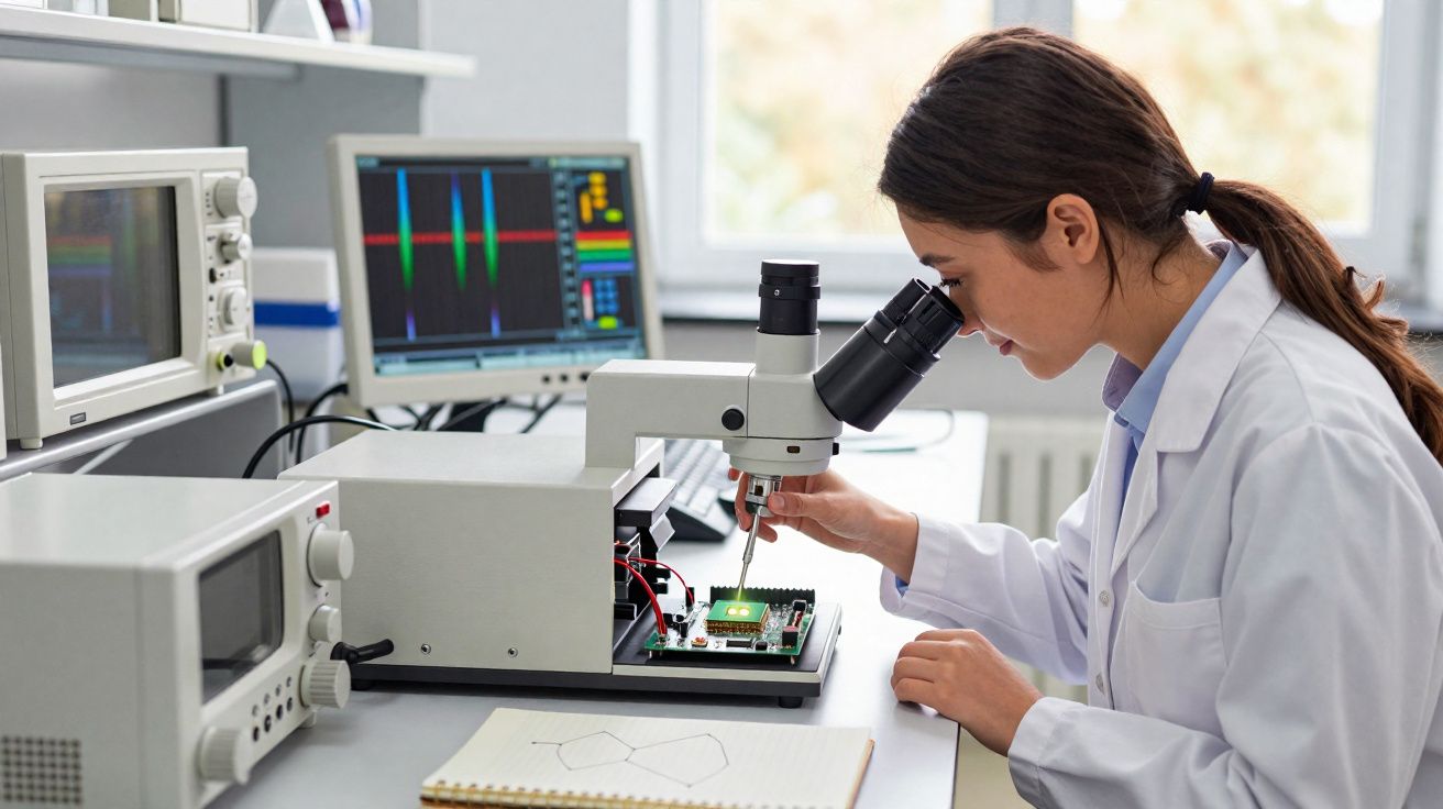 Mulher cientista em jaleco usando microscópio para examinar placa de circuito em laboratório tecnológico.