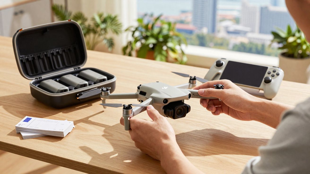 Pessoa ajustando drone cinza sobre mesa de madeira com case de baterias e controle ao fundo.