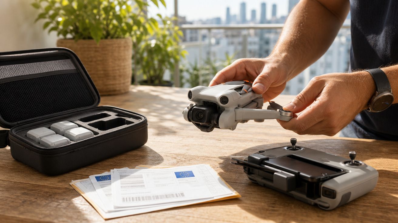 Mãos seguram drone dobrável sobre mesa com controle remoto, documentos e estojo aberto com baterias.