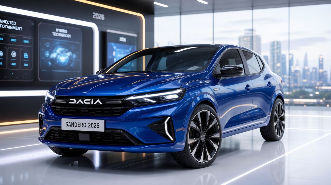 Carro Dacia Sandero 2026 azul exibido em showroom moderno com rodas esportivas e design aerodinâmico.