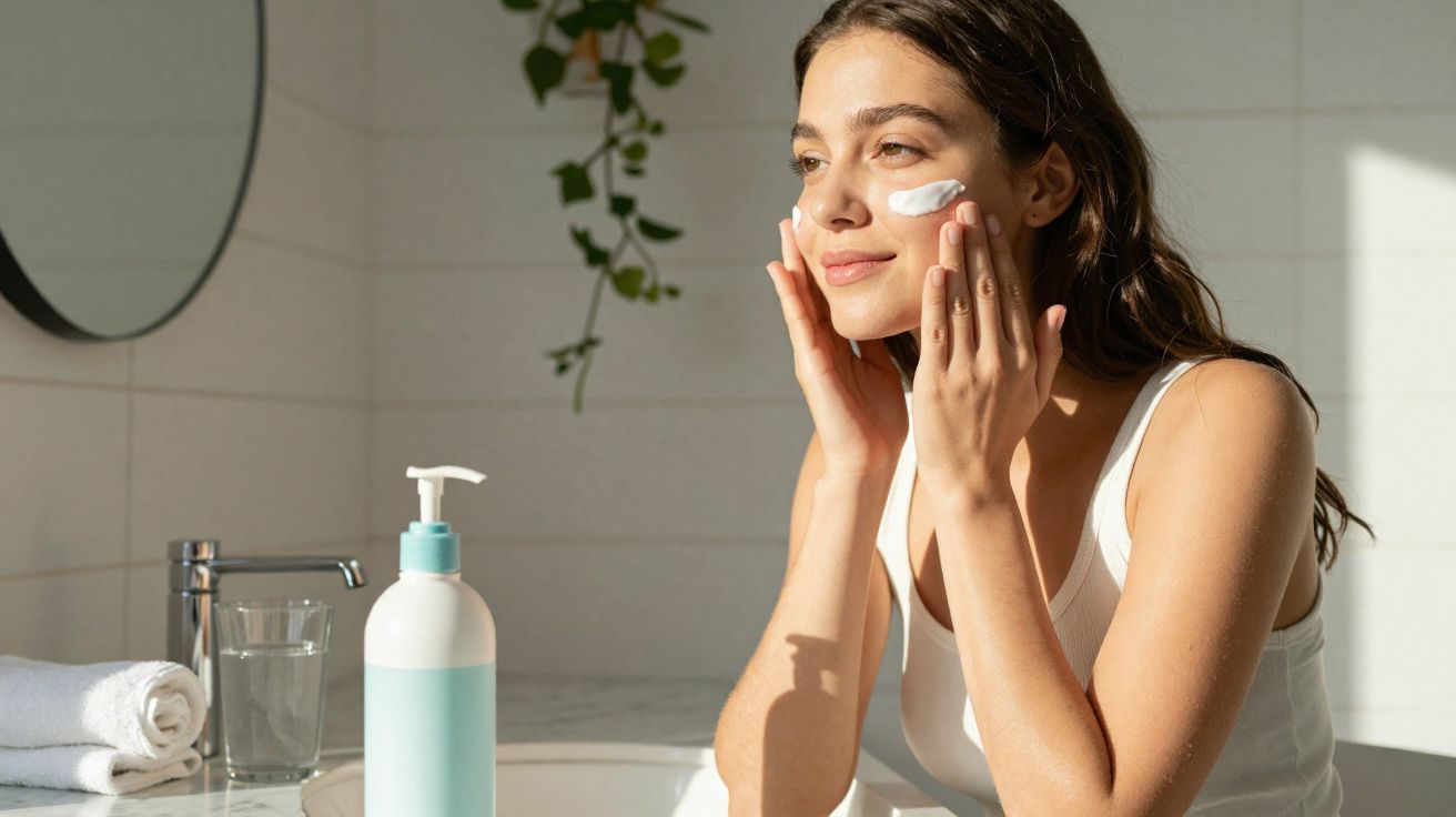 Mulher aplica creme no rosto em banheiro iluminado, com toalha e frasco de produto ao lado da pia.