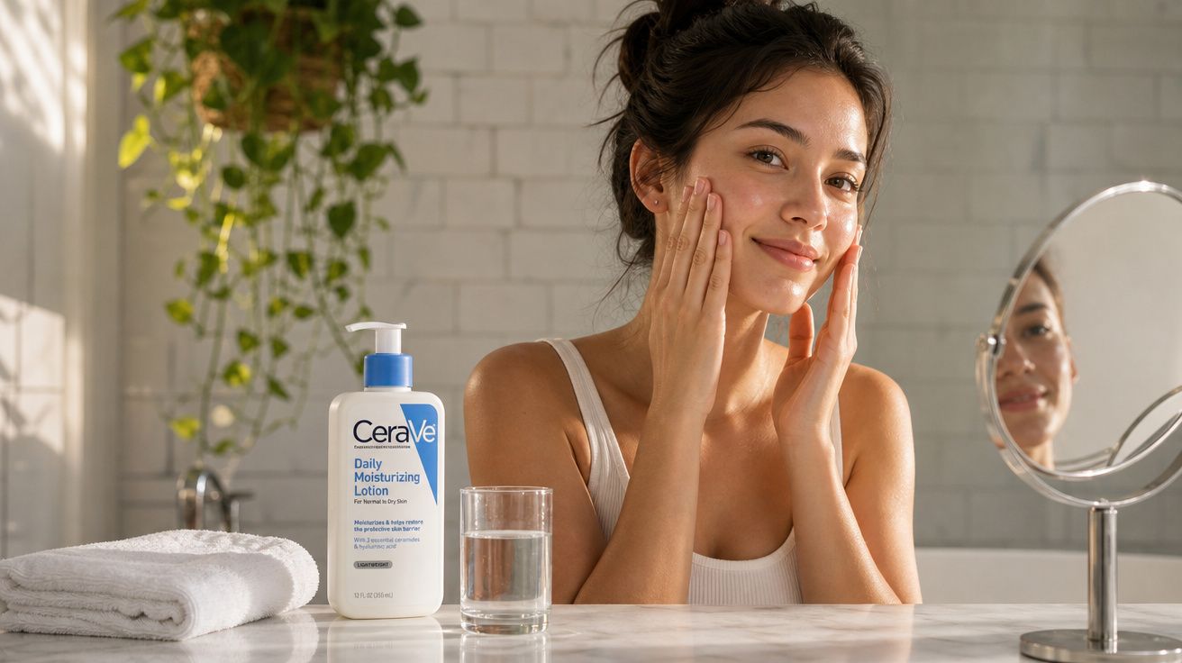 Mulher sorrindo aplica hidratante facial em ambiente claro com espelho, toalha, copo de água e planta ao fundo.