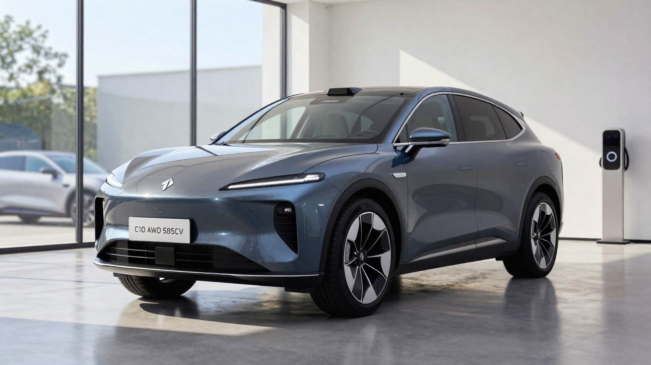 Carro elétrico cinza estacionado em showroom moderno com parede branca e carregador ao fundo.