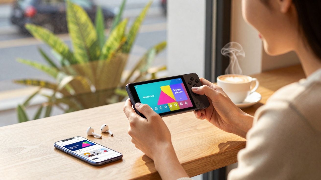 Pessoa jogando console portátil em mesa com celular, fones e xícara de café próximo a janela.