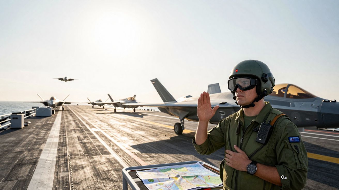 Piloto militar em convés de porta-aviões com jatos de caça e mapa sobre mesa ao lado, ao pôr do sol.