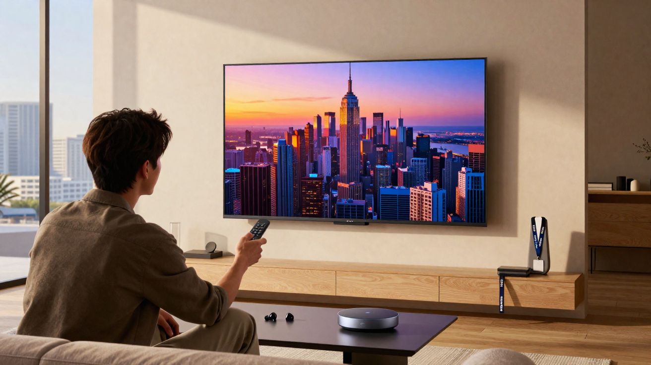 Pessoa assistindo TV na sala, com imagem de cidade ao pôr do sol na tela e controle remoto na mão.