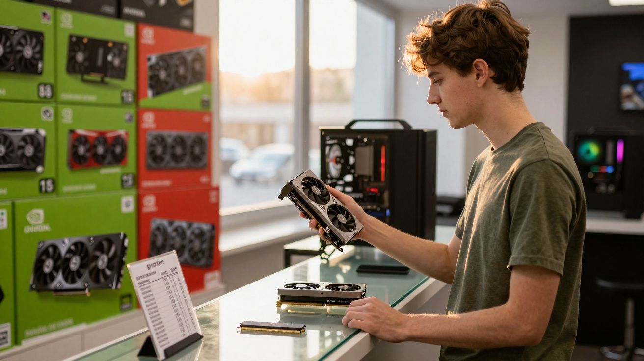 Jovem analisando placa de vídeo em loja de informática com várias caixas e peças expostas.