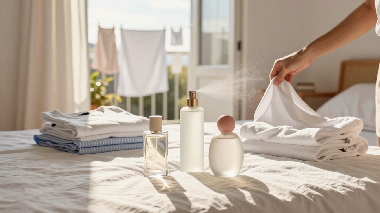 Três frascos de perfume sobre cama com roupas dobradas e mão borrifando spray em lençol branco.