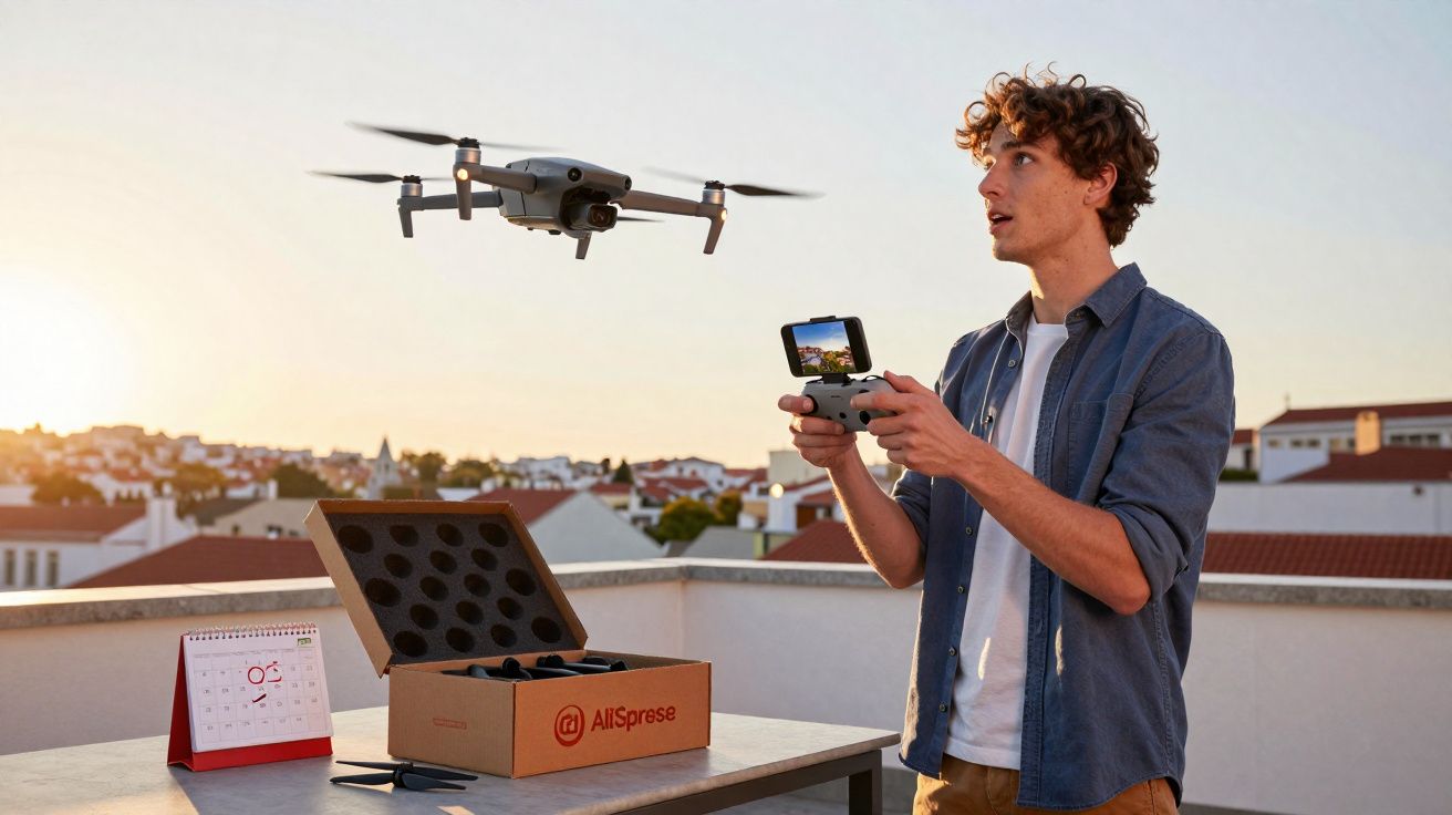 Jovem operando drone com controle remoto na varanda ao entardecer, câmera transmitindo imagem ao vivo.
