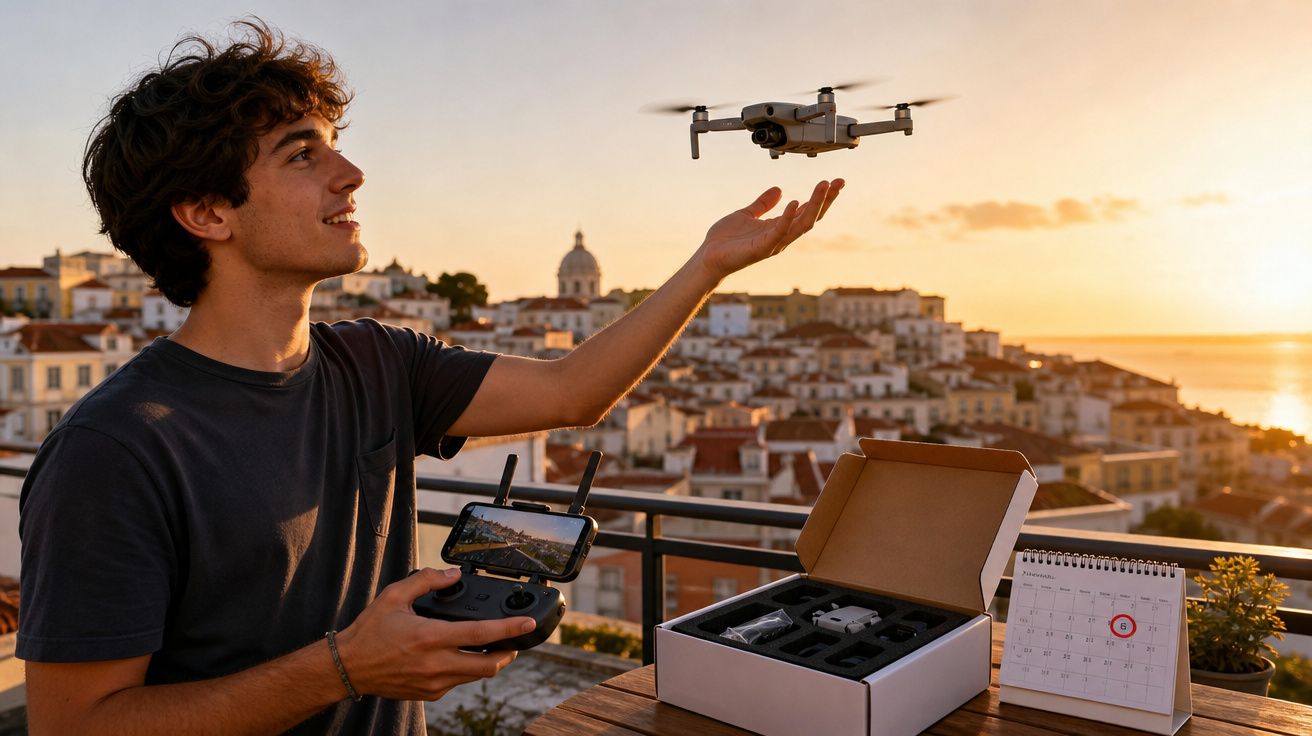 Jovem operando drone com controle remoto na varanda durante pôr do sol em cidade com prédios históricos.