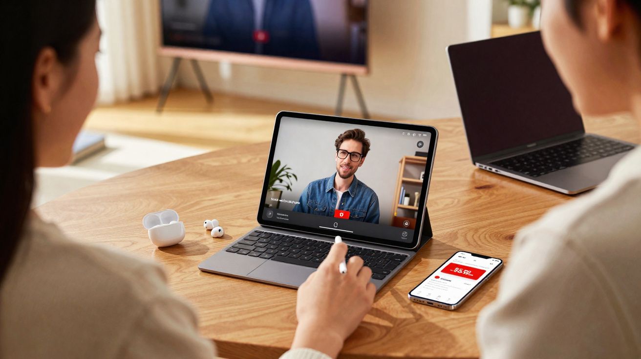 Duas pessoas participam de vídeo chamada em tablet, com smartphone e notebook sobre mesa de madeira.