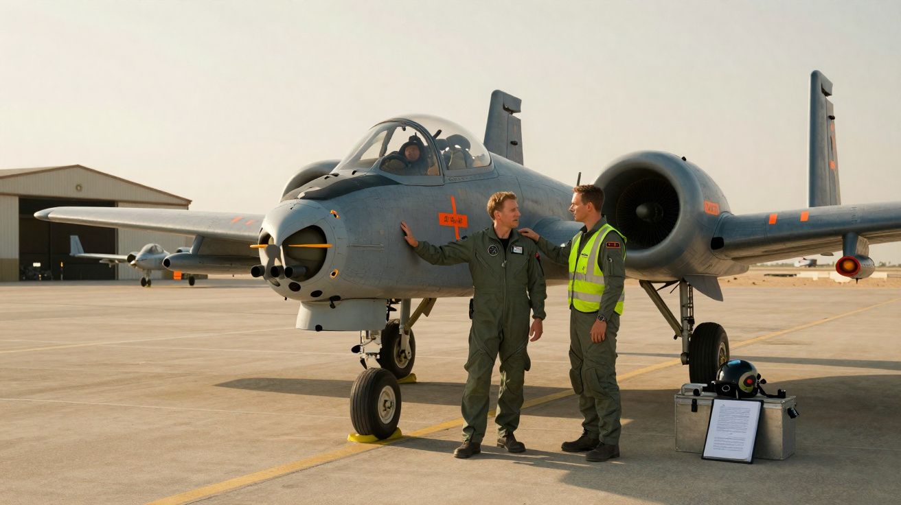 Dois pilotos militares conversam ao lado de um caça A-10 Thunderbolt II estacionado em pista de aeroporto.