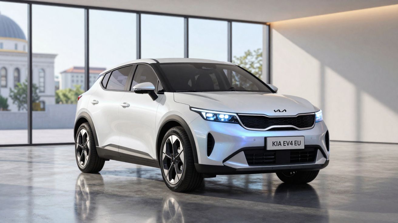 Carro elétrico KIA EV4 EU branco, mostrado em ambiente interno com grandes janelas ao fundo.