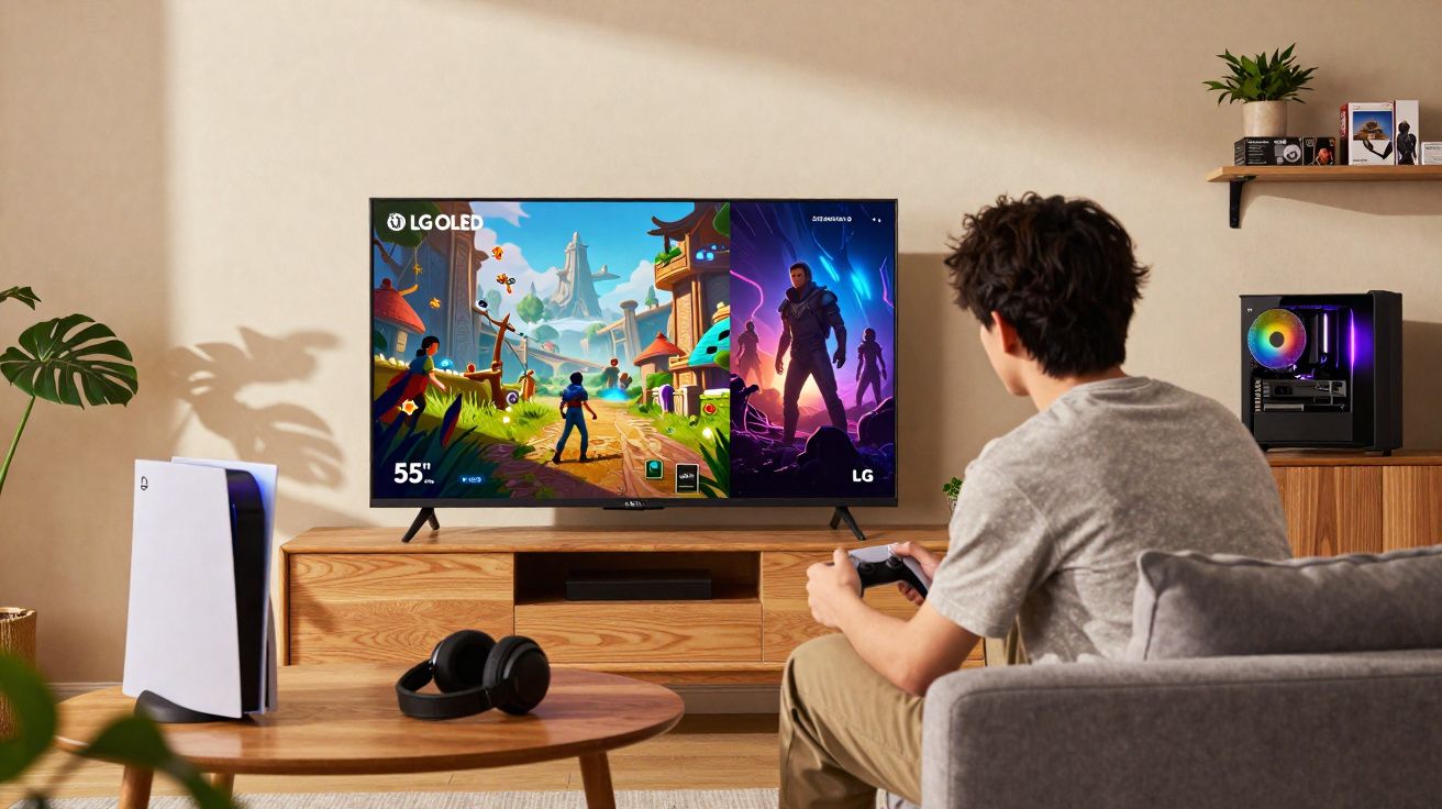 Jovem jogando videogame em TV LG OLED 55” com console PlayStation e computador gamer no ambiente.