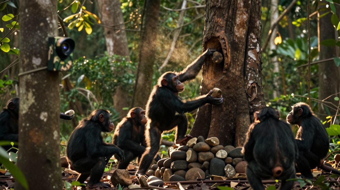 Grupo de chimpanzés em floresta interagindo com pedras perto de árvore com câmera instalada.