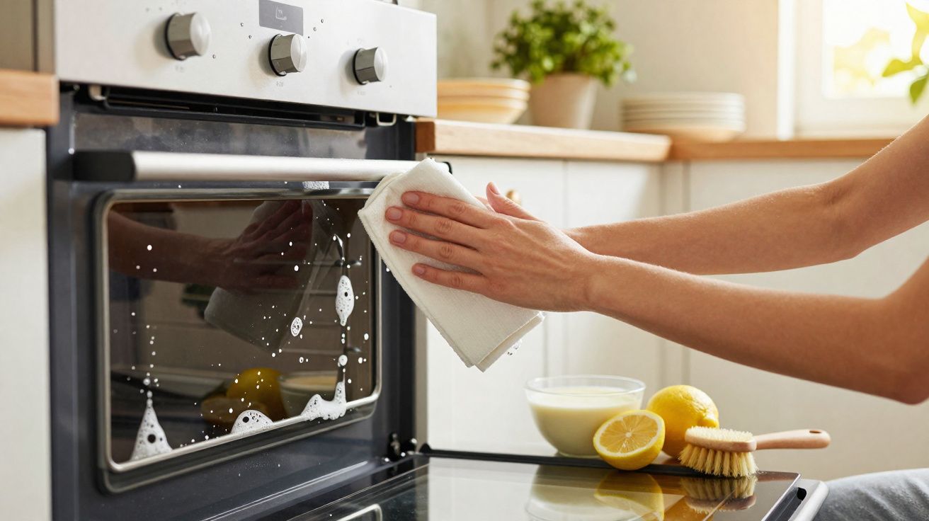 Pessoa limpando porta de forno com pano branco em cozinha clara com limão e escova.