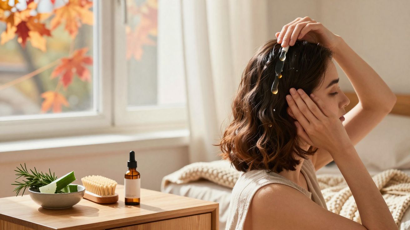 Mulher aplicando óleo capilar com conta-gotas em cabelo curto, ao lado de mesa com cosméticos e planta.