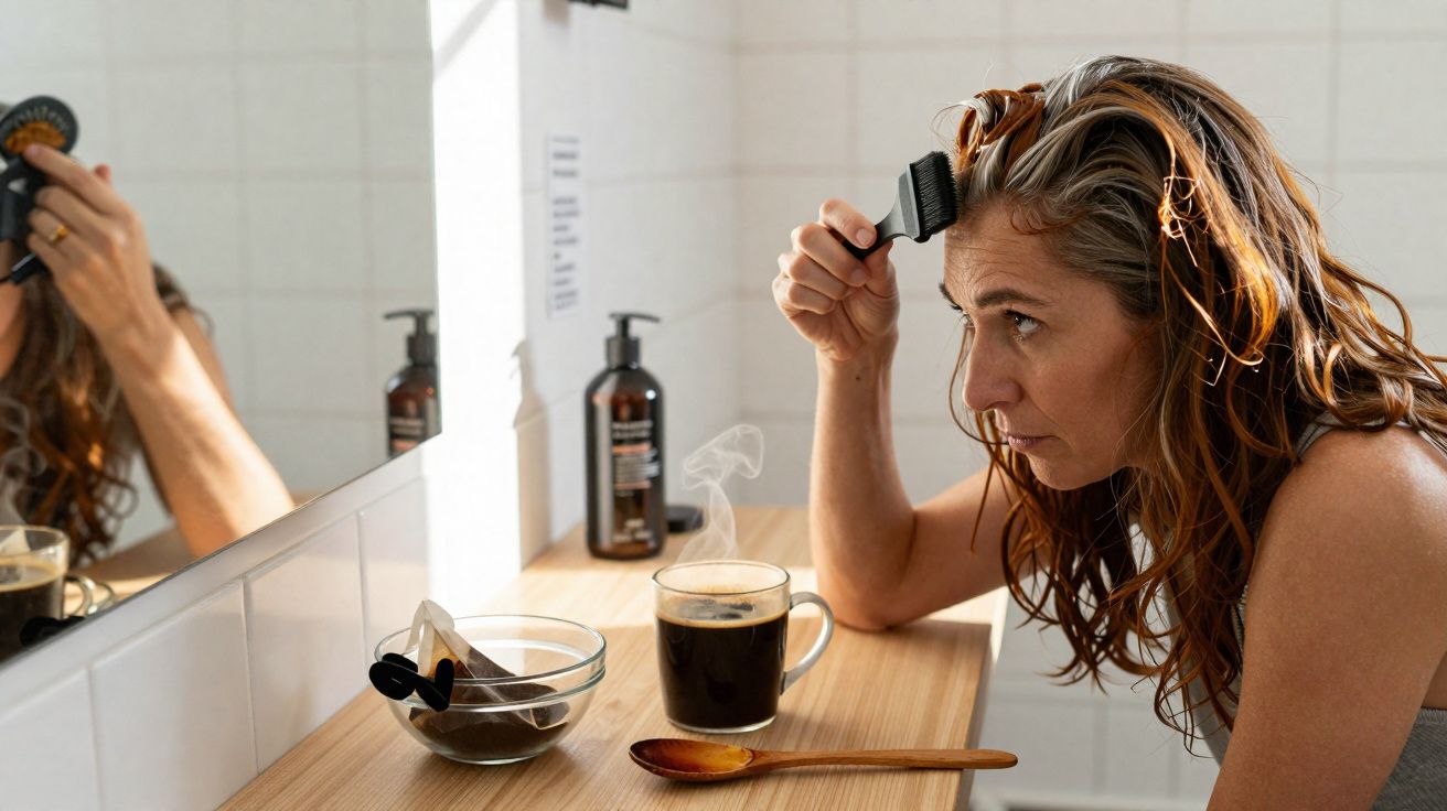 Mulher penteando cabelos com tintura, sentada em frente a um espelho com café quente e itens de cabelo na bancada.