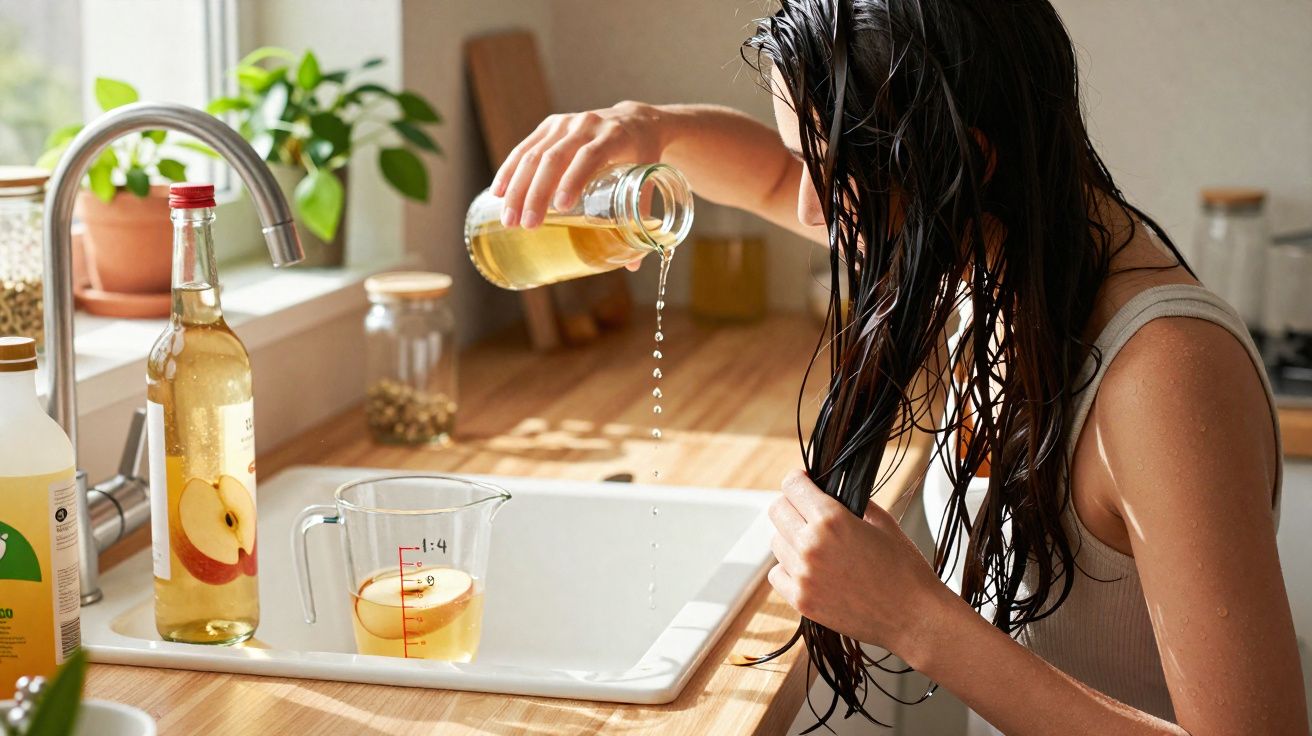 Pessoa aplicando vinagre de maçã no cabelo molhado em cozinha com pia e vidro medidor.