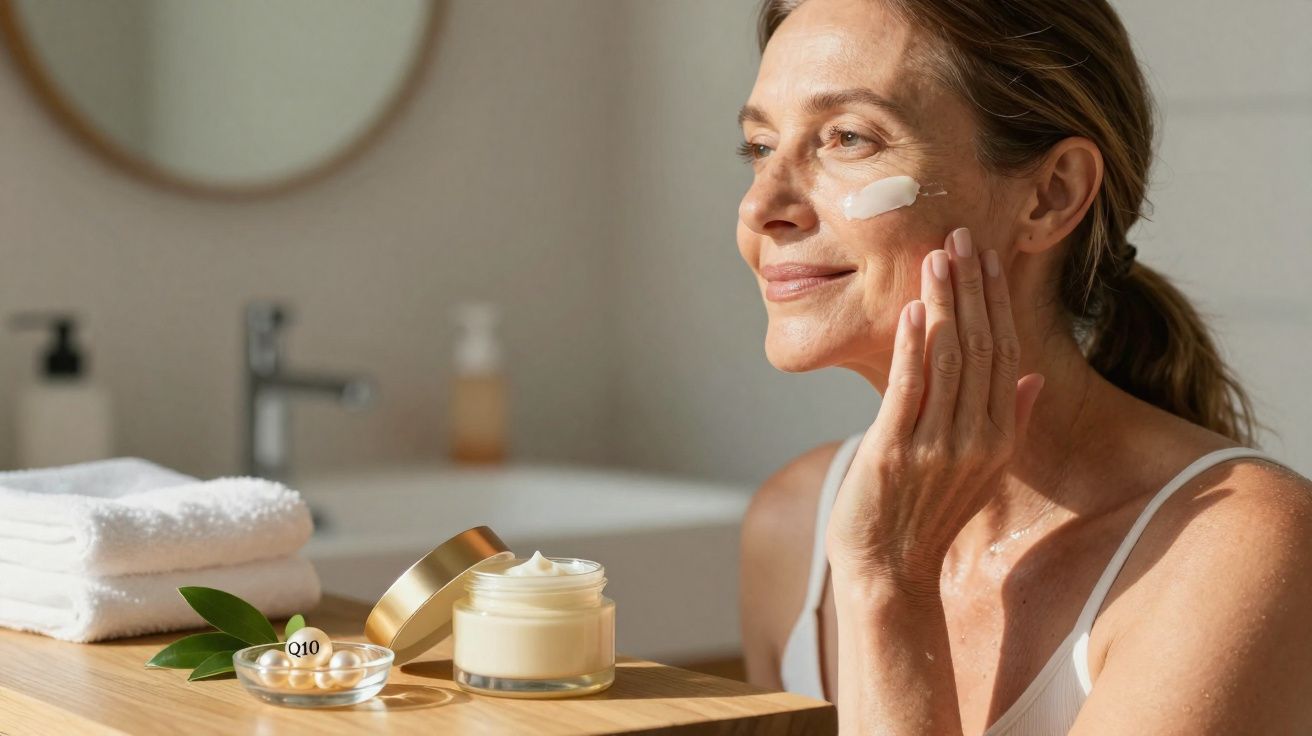 Mulher aplicando creme facial em ambiente iluminado, com frascos e toalhas ao lado em bancada de banheiro.