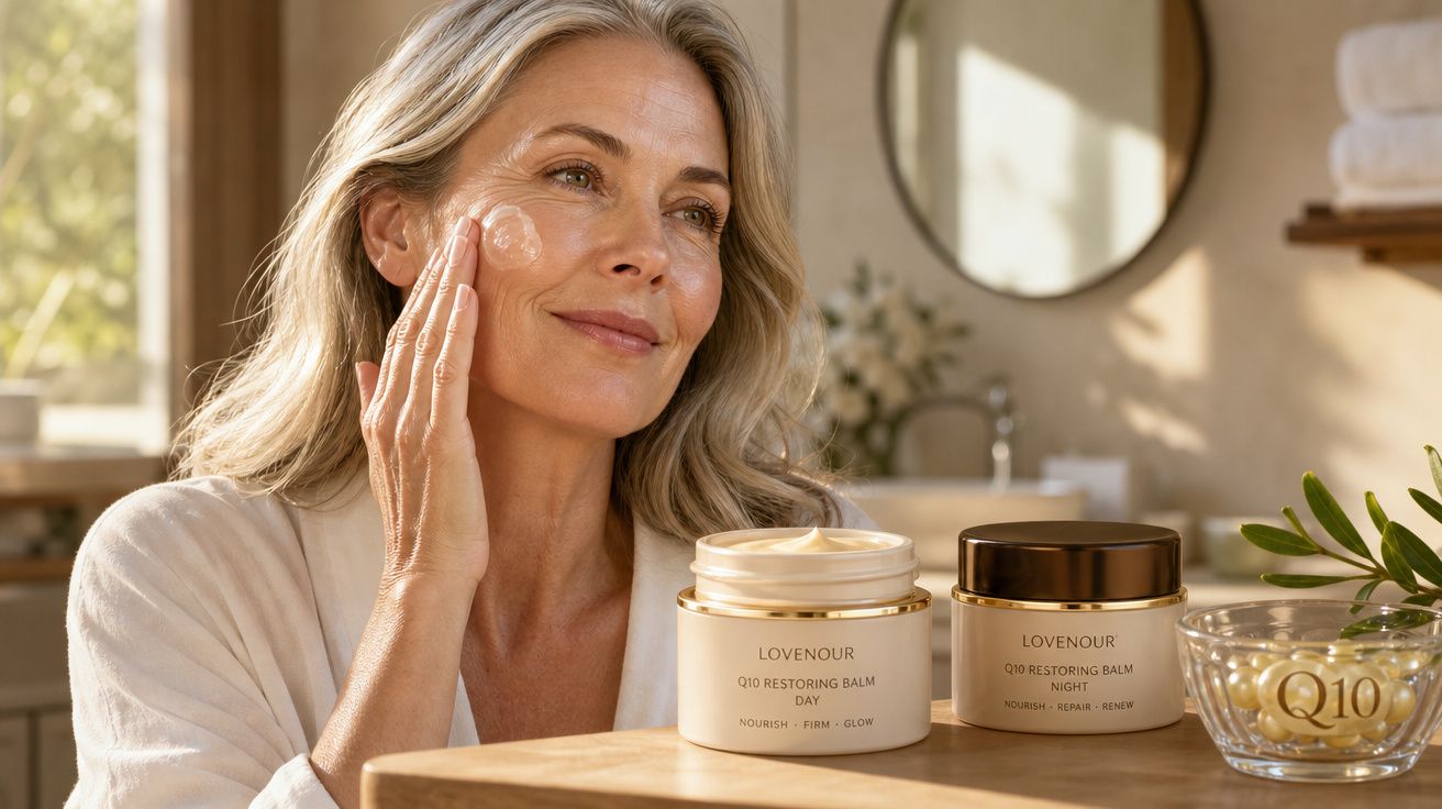 Mulher madura aplicando creme facial ao lado de potes de bálsamo restaurador LOVENOUR Q10.