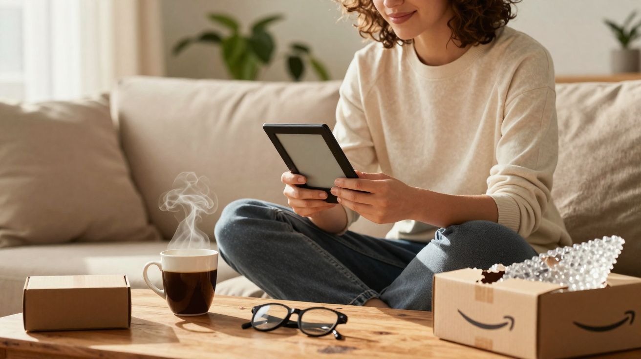 Mulher sentada no sofá lendo em leitor digital, com café quente, óculos e caixas na mesa de madeira.