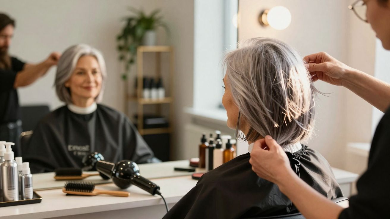 Mulher com cabelo grisalho recebe corte e penteado em salão de beleza moderno e bem iluminado.