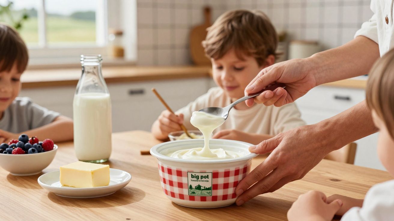 Pessoa servindo iogurte em tigela vermelha com crianças comendo no fundo na cozinha.