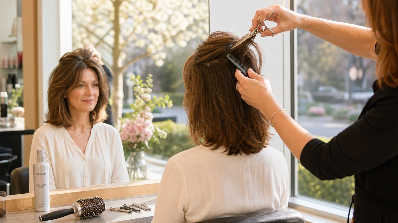 Mulher recebendo corte de cabelo em salão, refletida no espelho com ambiente iluminado e decorado.