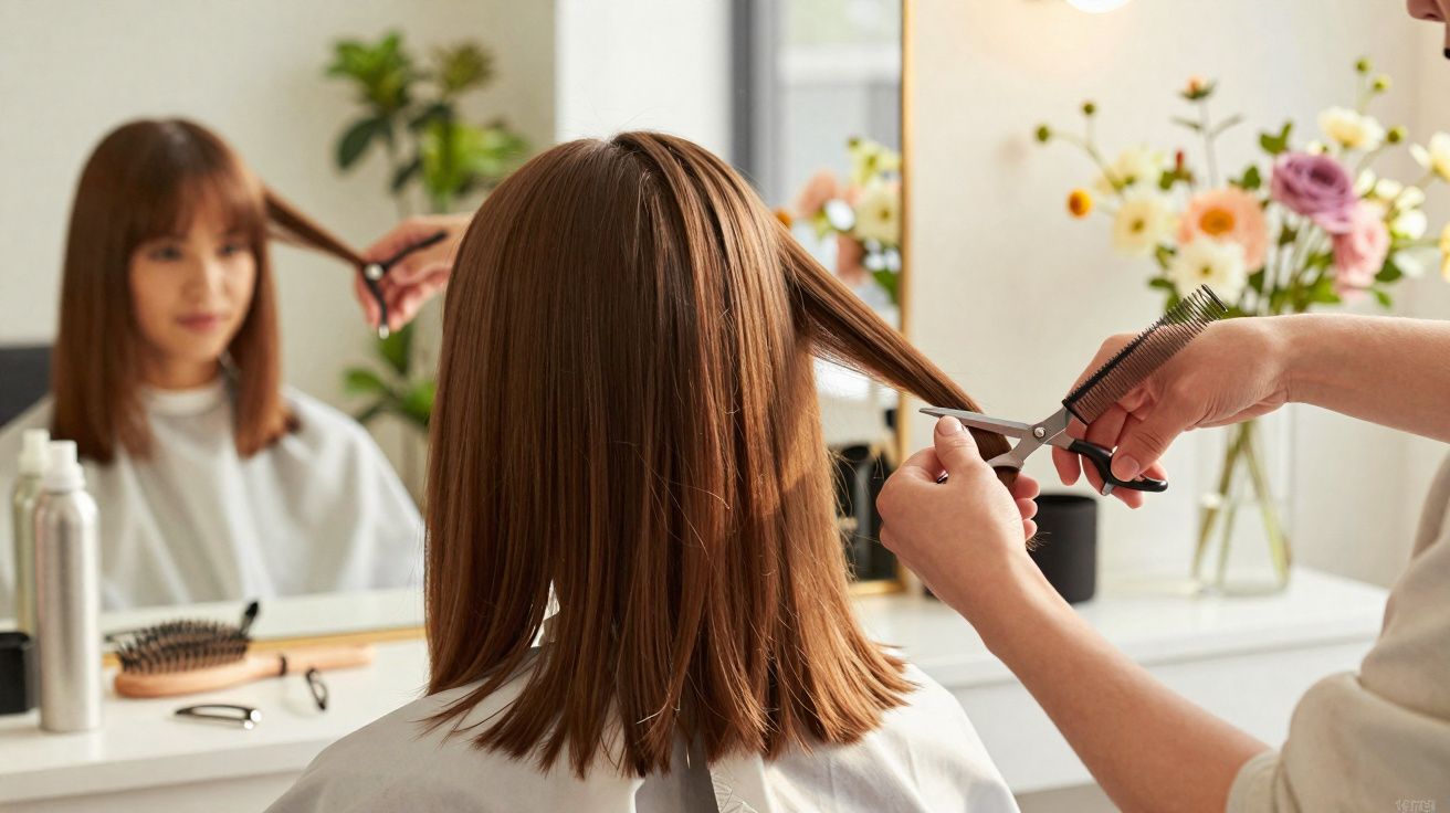Pessoa cortando cabelo de mulher em salão de beleza moderno com espelho e flores decorativas ao fundo.