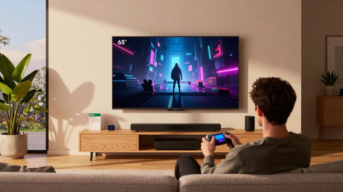Pessoa sentada no sofá jogando videogame em televisão de 65 polegadas com tela futurista neon.