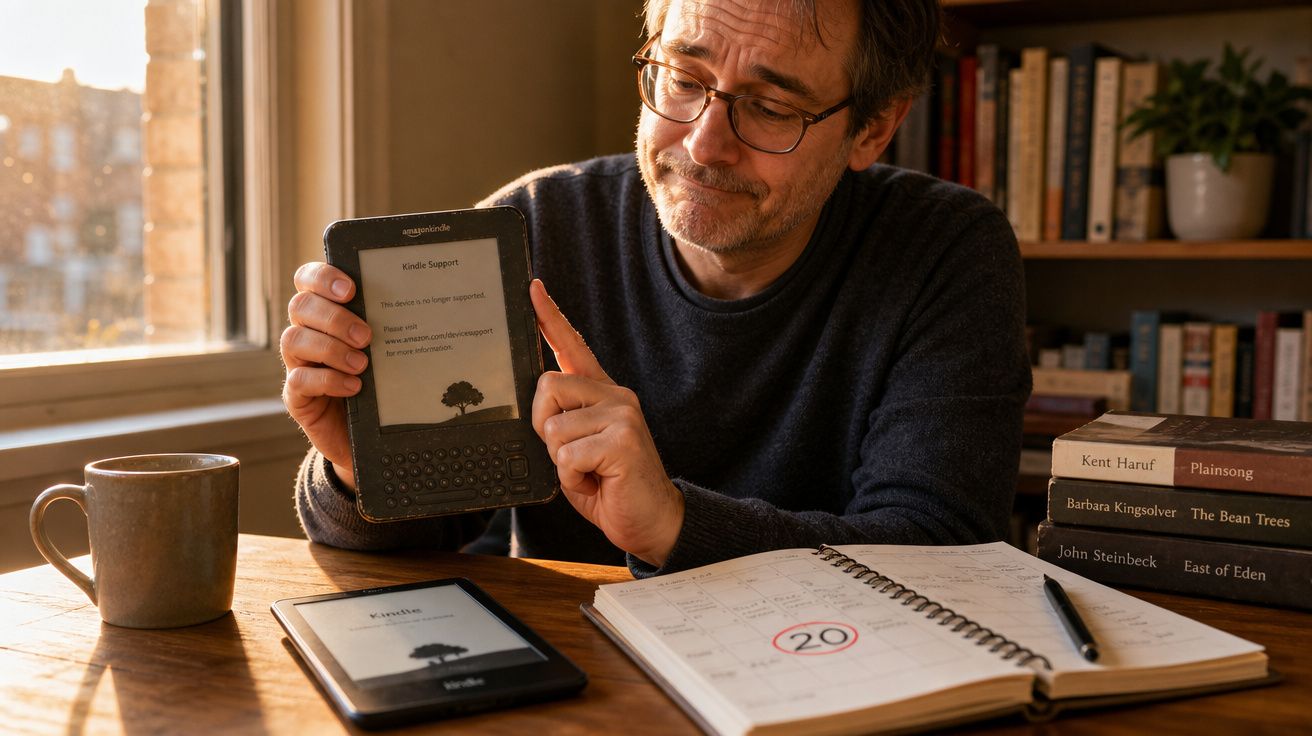 Homem sentado à mesa, mostrando e-reader com mensagem de suporte encerrado, com outro e-reader, livros e agenda à sua frente.