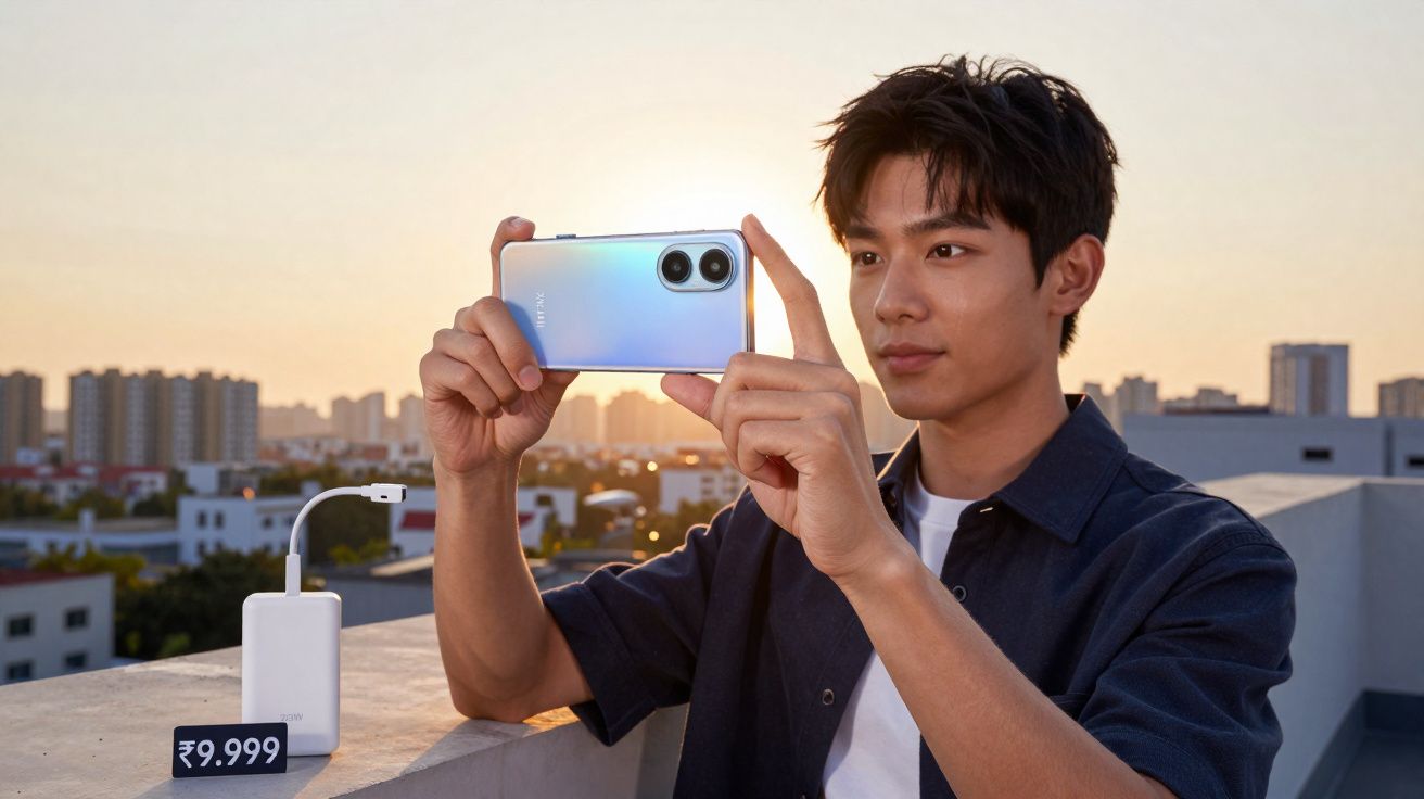 Homem segurando smartphone azul com pôr do sol e cidade ao fundo, carregador branco ao lado.