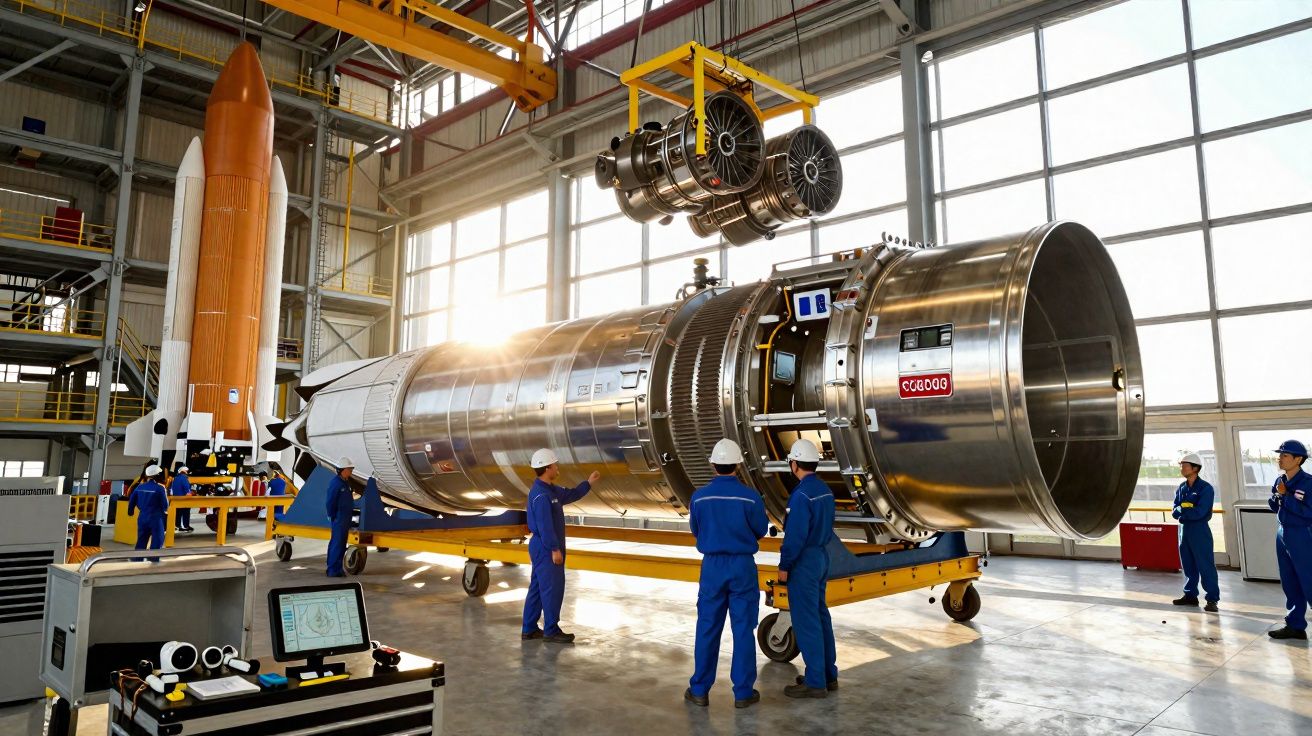 Engenheiros em macacão azul inspecionam motor de foguete em hangar de montagem com espaçonave ao fundo.