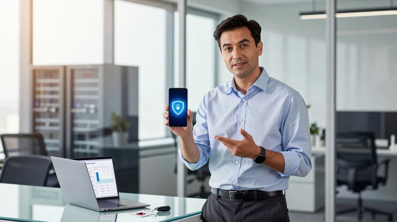 Homem em escritório segurando celular com ícone de cadeado, demonstrando segurança digital.