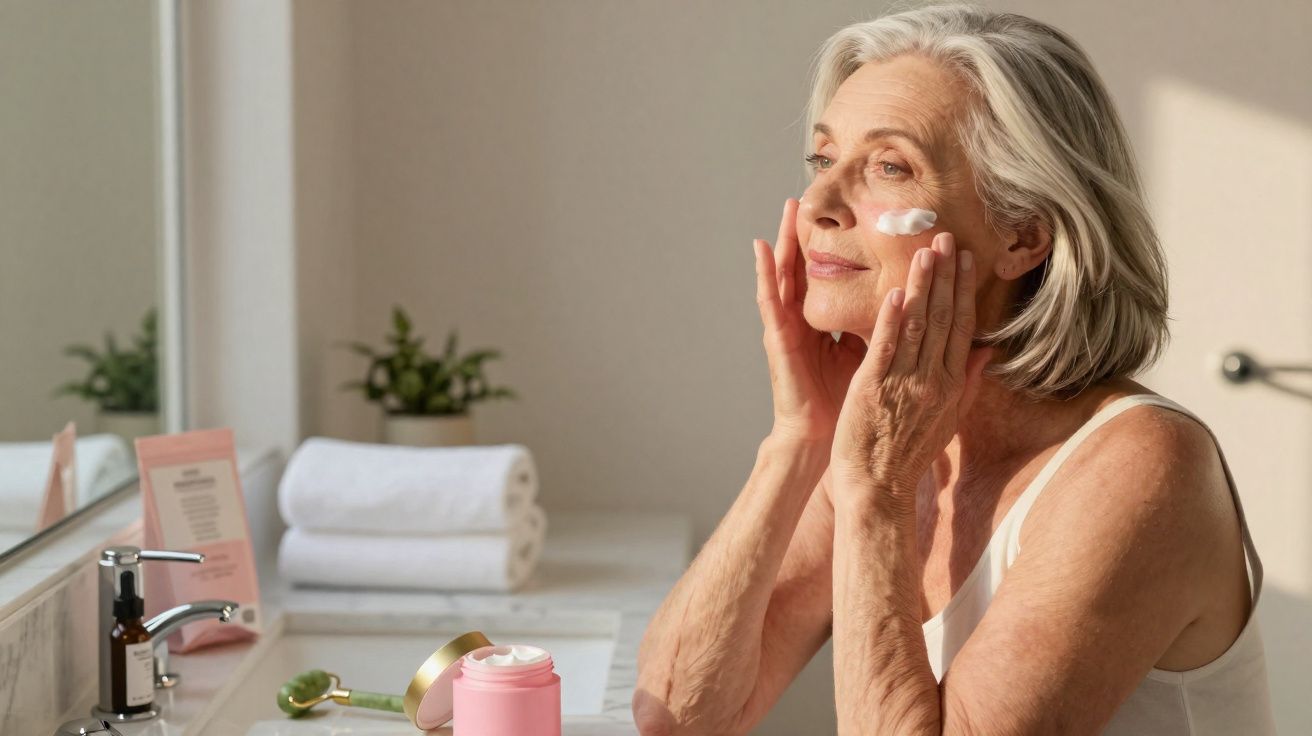 Mulher idosa aplica creme facial em banheiro iluminado, com toalhas e espelho ao fundo.