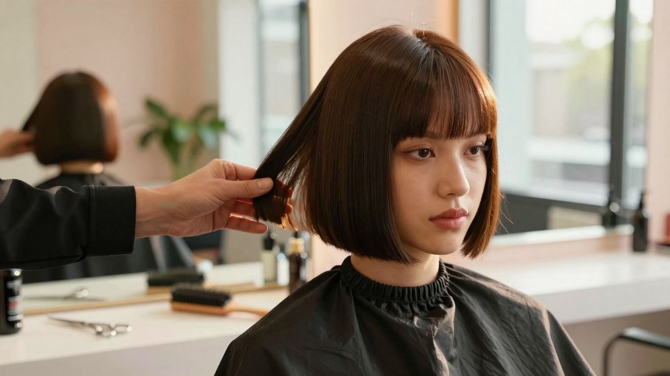 Mulher jovem com cabelo curto em corte reto, sentada em salão enquanto cabeleireiro ajusta o cabelo.